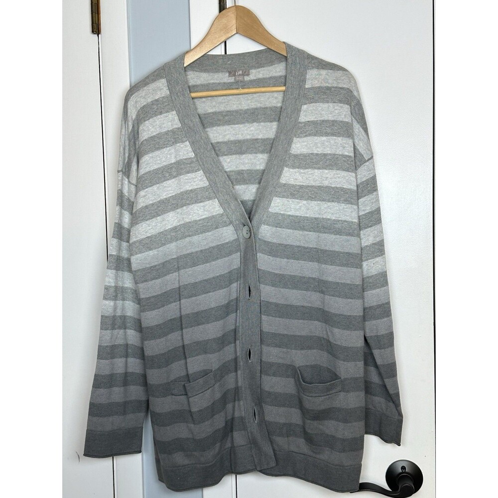 NWOT J Jill Tunic Gray Stripped V Neck Cardigan Sweater Ombre Size Large